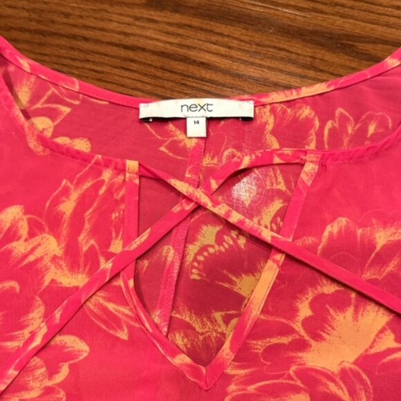 Next UK Floral Blouse UK 14 (US 10) Pink Gold Long Sleeve Sheer Top - Picture 4 of 4
